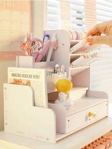 1 pieza Organizador de escritorio DIY para portalápices y almacenamiento, organizador de papelería de oficina multifuncional, taza de madera y plástico de gran capacidad - Multicolor - Ver 6