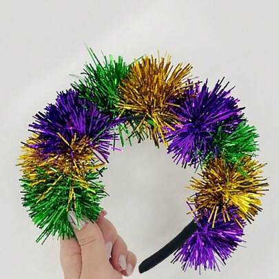 Captivating Carnival Headpiece - Vibrant Green, Yellow And Purple Patchwork Headband, Adorned With Tinsel Wool Decor, Suitable For Carnival Celebrations, Holiday Parties And Joyful Street Parades