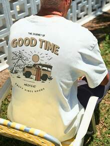 Men's Car & Letter Print Short Sleeve T-Shirt - White - View 4