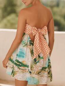 Đầm nữ thanh lịch phong cách Bohemian, in họa tiết, hở lưng, buộc dây phía trước, thích hợp cho kỳ nghỉ biển mùa xuân/hè, đi chơi hoặc dự tiệc. - Màu xanh Bạc hà - Xem 1