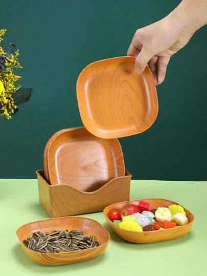 7 piezas de bandejas de plástico reutilizables con apariencia de madera, adecuadas para sushi, aperitivos, postres, frutas, aperitivos, lavables, excelentes para almacenamiento de cocina y decoración de mesa, "grano de madera falso" no de madera