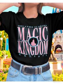 Women Orlando Florida Magic Kingdom EST 1971 Castle Graphic Tee Oversize Short Sleeve Crew Neck White Vacation Travel Casual Tshirt - 黑色 - 查看 12