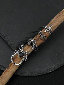 Bộ 4 chiếc nhẫn hình nhện màu đen Gothic cổ điển, đính đá giả, kiểu dáng Gothic cá nhân hóa với họa tiết giọt dầu, hình thánh giá và bướm, dành cho nữ. - Bạc - Xem 3