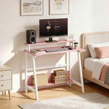 31.5"L Compact Computer Desk With Bookshelf, Home Office Gaming Table, Minimalist Bedroom Workstation, Sturdy Metal Frame And Monitor Mount, Brown Desk Color, Ideal For Small Spaces - 粉色 - 查看 4