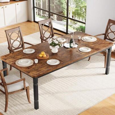 Mesa de comedor rectangular de 1,5 m/1,8 m/2 m para 6-8 personas, con patas de metal resistentes, ideal para comedor de estilo rústico de madera, oficina en casa o conferencias.