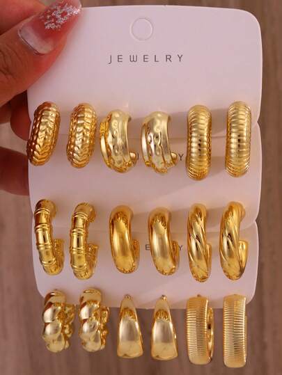 סט עגילים אופנתיים של 6/18 יחידות, עגילים מסדרת C רב-תכליתיים, מתאים ללבוש יומיומי וחג. עשויים שרף ABS עם ציפוי UV זהב שאינו דוהה, עגילי זהב עבים דלי אלרגנים, אופנתיים ואלגנטיים, מתנה אידיאלית לחברה, אמא