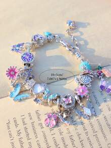 1条夏季花卉蝴蝶串珠手链，向日葵、雏菊、蝴蝶、心形珠子DIY手链，复古花卉玻璃珠可调节DIY手链，朋友礼物，纪念手链 - 銀色 - 查看 10