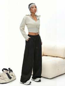 Women's Loose Pleated Solid Color Casual Sweatpants, Spring/Autumn Sports - Black - View 6