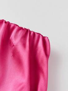 Women's Long Skirt Satin Lace Patchwork Design Stylish Solid Color High Waisted Skirt for Summer - Rosa Fucsia - Ver 8