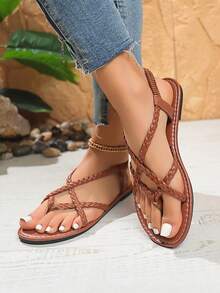 新款条纹编织平底人字拖，休闲百搭沙滩鞋，轻便舒适，有棕色、白色、黑色、金色、银色和彩色可选 - 棕色 - 查看 11