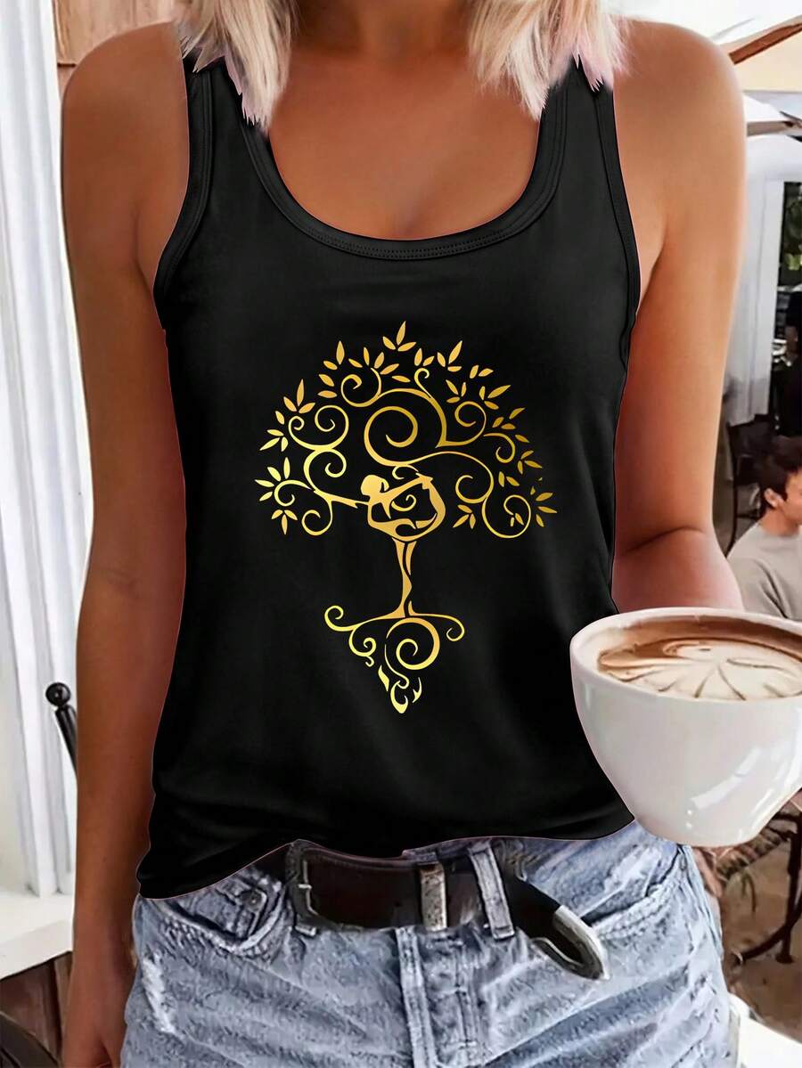 Fashionable Women'S Top Featuring A Golden Tree And Pattern Print, A New Stylish Sleeveless Design For Spring And Summer - Black - View 1
