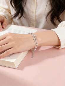 Double-Layered 925 Sterling Silver Pendant Bracelet, Minimalist Korean-Style Design With Multiple Stackable Layers, Fashionable Jewelry For Everyday Wear (Local Shipping, Fast Delivery) - Style 1 - View 3