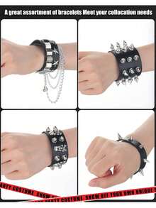 1/9 piezas Pulsera de cuero negro con remaches de estilo punk, brazalete de metal, muñequera unisex - Multicolor - Ver 8