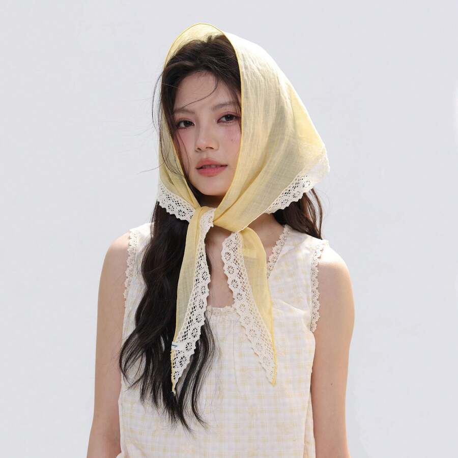 Women Vintage Grey Lace Trim Scarf Versatile Headwrap Hairband Decoration Daily Vacation Photography Sun Protection Shawl - 黃色 - 查看 1