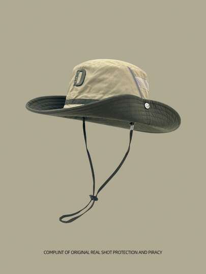 1顶绣有D字Logo的系带撞色防晒宽檐渔夫帽，适合户外运动、徒步旅行、露营及各种场合。