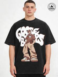 Plus Size Men's New Washed T-Shirt, Cotton Short Sleeve, Street Style Interesting Emo Pattern Band T-Shirts, Basketball Cheap Clothes - Black - View 1