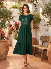 Women's Three-Maria Midi Dress By Aveloz, Cat Animal Print. - Dark Green - View 1