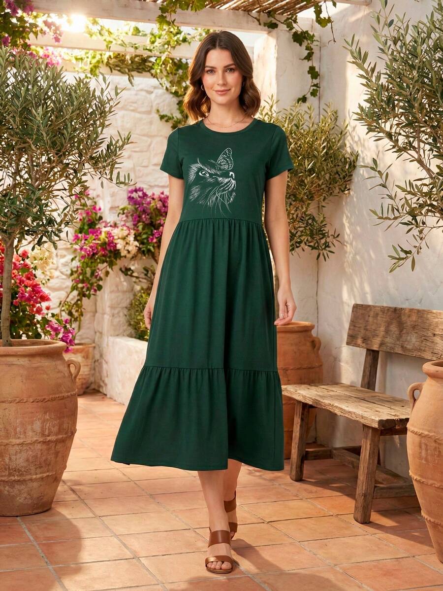 Women's Three-Maria Midi Dress By Aveloz, Cat Animal Print. - Dark Green - View 1