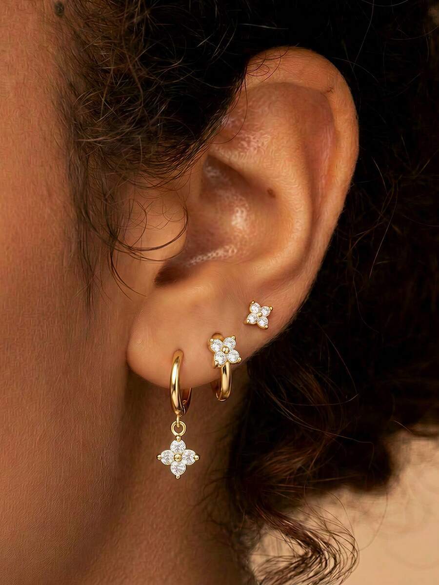 3 Pairs (6pcs) Delicate, Elegant, Slender Four-Leaf Clover Pendant Hoop Earring Set, Women's Jewelry Accessories, Gift For Her