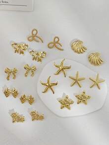3/6 Pairs Gold-Tone Women's Earrings (Random Style) - Includes: Starfish Earrings, Cute Bow Earrings, Asymmetrical Geometric Earrings, Minimalist Round Earrings, Large Rectangle Earrings, Oval Earrings - These Fashionable & Unique Ladies Earrings Are Made Of Stainless Steel - Gold - View 4
