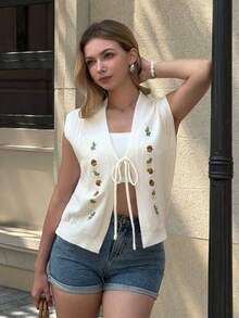 时尚刺绣无袖背心，百搭白色针织开衫，适合春夏穿着 - 白色 - 查看 2