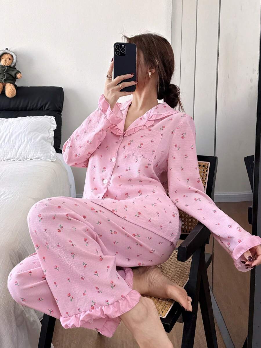 Dreamivo Floral Print Ruffle Trim Women Long Sleeve Pajama Set - Pink - View 1