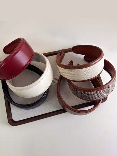 1件宽边浴室发饰固定发带千鸟格纹纯色红黑发箍包边设计，日常佩戴百搭，简约可爱