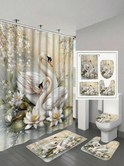 1/4 件套优雅白色天鹅与睡莲浴帘套装 - 阳光花园设计，饰有美丽的白天鹅、盛开的睡莲和绿植，包含 12 个挂钩，可机洗涤纶材质，色彩鲜艳的印花浴帘，营造浪漫的浴室装饰氛围