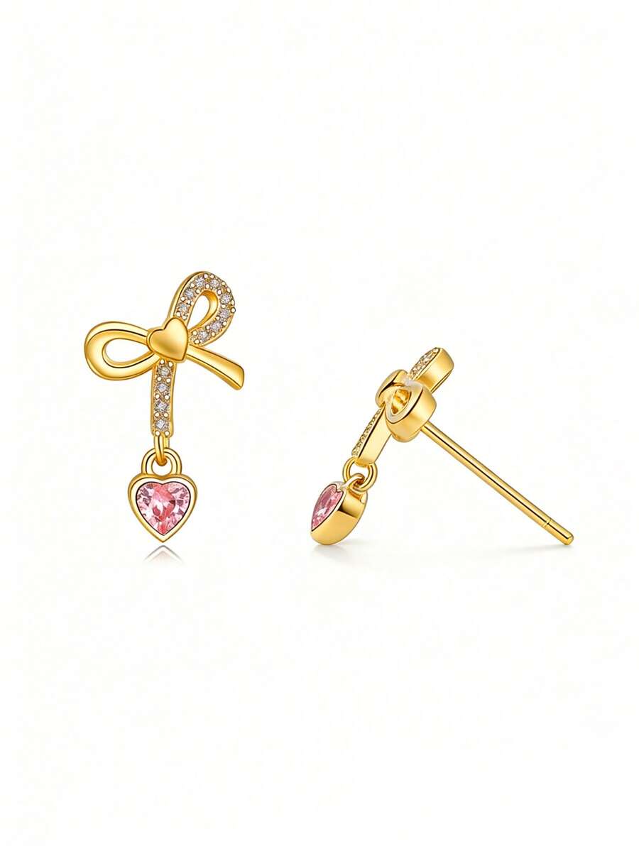 Sweet Pink Bow Silver Earrings, Versatile Daily & Party Wear Jewelry For Women - Multicolor - View 1