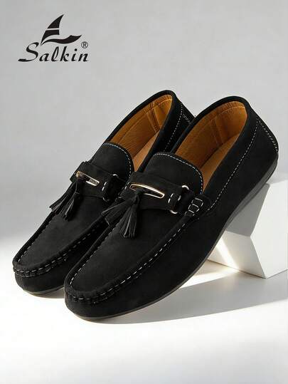 Mocasini bărbătești de designer la modă, pantofi fără mâneci, mocasini din piele întoarsă moale de înaltă calitate, pantofi eleganți din piele pentru bărbați, pantofi de afaceri formali respirabili, pantofi casual pentru întâlniri cupluri, cadou de cină romantică, ținute casual zilnice pentru studenți și naveta, stil preppy, se sugerează alegerea unei mărimi mai mari.