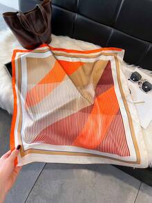 1条简约几何条纹印花仿丝方巾，尺寸27.5英寸，女士春夏必备头巾，用途广泛，可作发圈、腰带、领带，优雅配饰，适合海滩、度假等场合。 - 橘色 - 查看 2