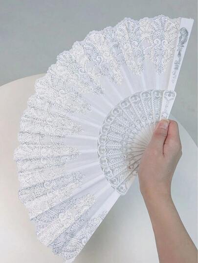 1pc White Folding Fan For Women, Decorated With Silver Floral Print, Ideal For Dancing And Fashion Elegant Valentine's Day