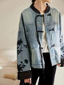 Chinese Style Jacket Women's Non-Stretch Denim Jacket - Vintage Chinese Knot Accent, Lightweight Spring/Fall Coat Non-Transparent Casual Outerwear, Transitional Weather Wear, Intricate Embroidery, Chinese New Year Clothes - Màu xanh hải quân - Xem 2