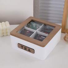1pc Modern Minimalist Design White Elevated Wooden Tea Box, 4/6/9 Compartments Tea Bag Organizer, Coffee Bag Storage Box With Glass Display Window, Suitable For Tea Room, Coffee Shop, Pantry, Living Room, Dining Room - Multicolor - View 2