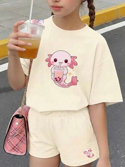 2pcs/Set Tween Girl Casual Apricot Short Sleeve T-Shirt + Shorts Set, Colorful Elf Drinking Bubble Tea Print, Children Clothing
