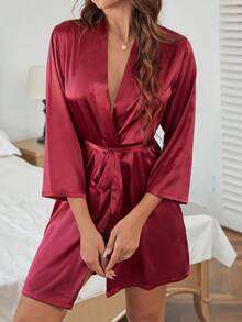 Áo ngủ satin thắt eo, kiểu dáng mở phía trước, Luxeloungewear, Thu Đông. - Màu Đỏ Sâu - Xem 4
