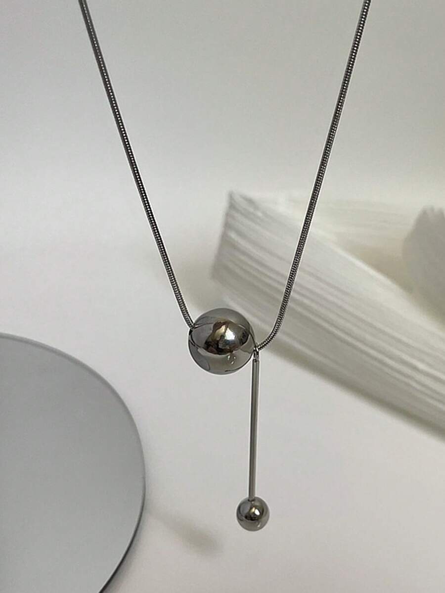 1pc Titanium Steel Non-Fading Round Ball Pendant Necklace, Elegant Minimalist Choker Necklace For Women - Multicolor - View 1