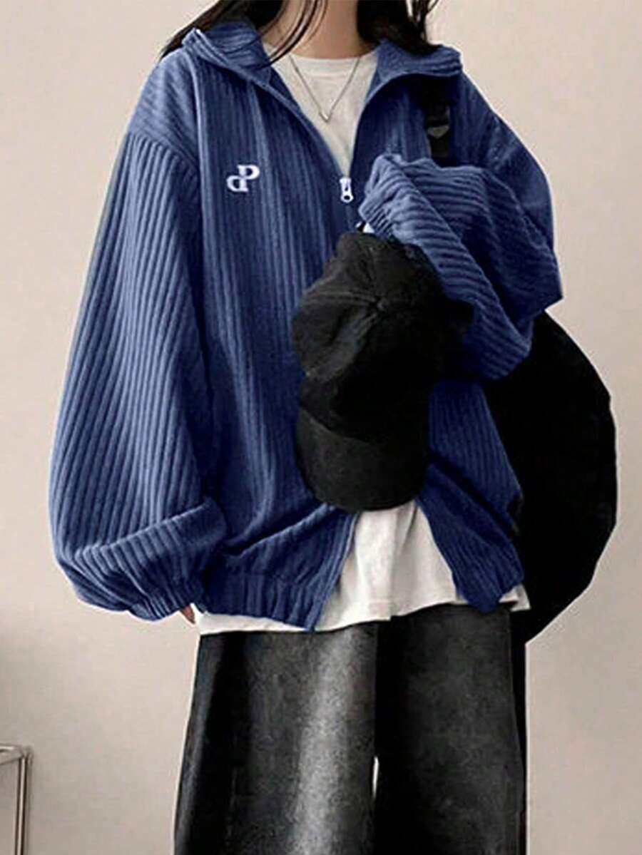 2025秋冬女款简约字母印花保暖双拉链长袖外套 - 藍色 - 查看 1