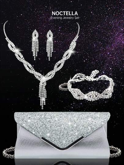 Noctella 4 Pieces Rhinestone Jewelry Set Bling Necklace Earrings Bracelets Set, Paired With A Sparkling Sequin Women's Evening Clutch, A Stylish V-Shaped Envelope Party Bag, Matching Evening Gowns, Party Dresses, Wedding Dresses, And Sequin Dresses, Suitable For Dinners, Parties, Balls, And Weddings