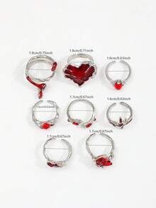 8 pezzi Set di anelli da donna in stile punk con cuore a goccia rossa, strass a forma di ragno e luna crescente con cuore e strass - Argento - Visualizzare 6