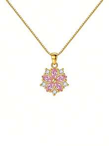 S925 Sterling Silver Sakura Flower Earrings & Necklace Set, Cubic Zirconia Inlaid Delicate Jewelry Gift Box - Multicolor - View 12