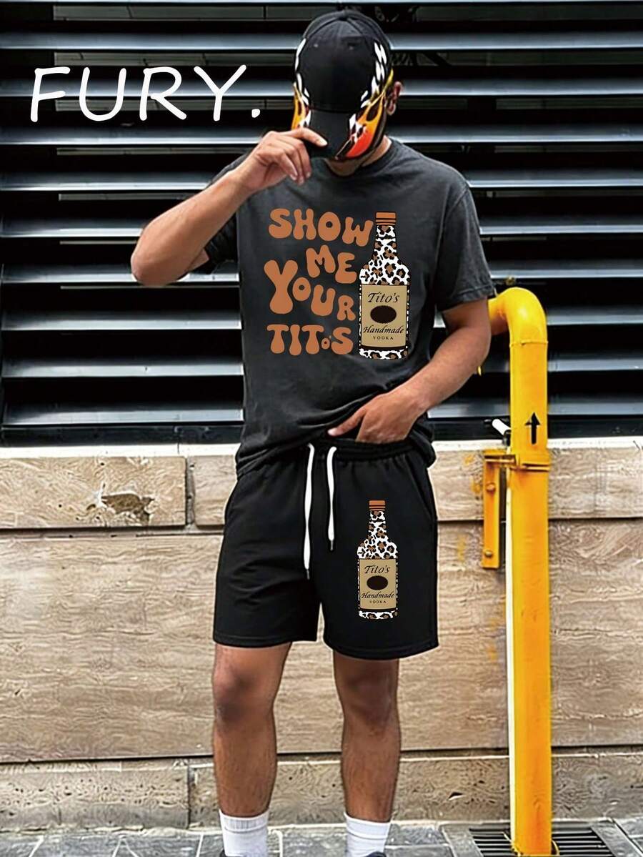 Men's Streetwear "Show Me Your Tito's" Leopard Print Bottle Graphic Short Sleeve Tee & Matching Print Drawstring Shorts Two Piece Set Shorts Set Streetwear Two Piece Outfit Street Style, Comfortable, Sporty Printed Tracksuit, Perfect For Outings, Trips, Gatherings With Friends, And Everyday Wear. - 深灰+黑色 - 查看 1