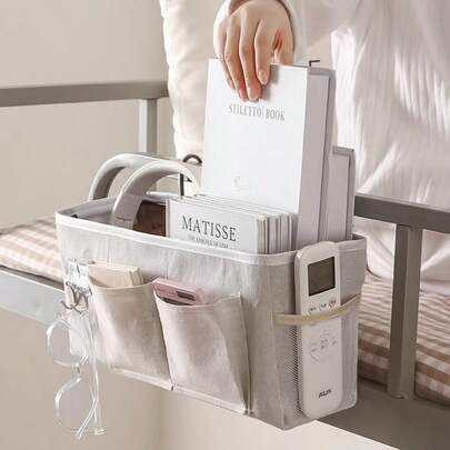 Cotton Linen Hanging Bedside Storage Bag With Pockets, Dorm Bedhead Organizer Basket, Student Dormitory Essential