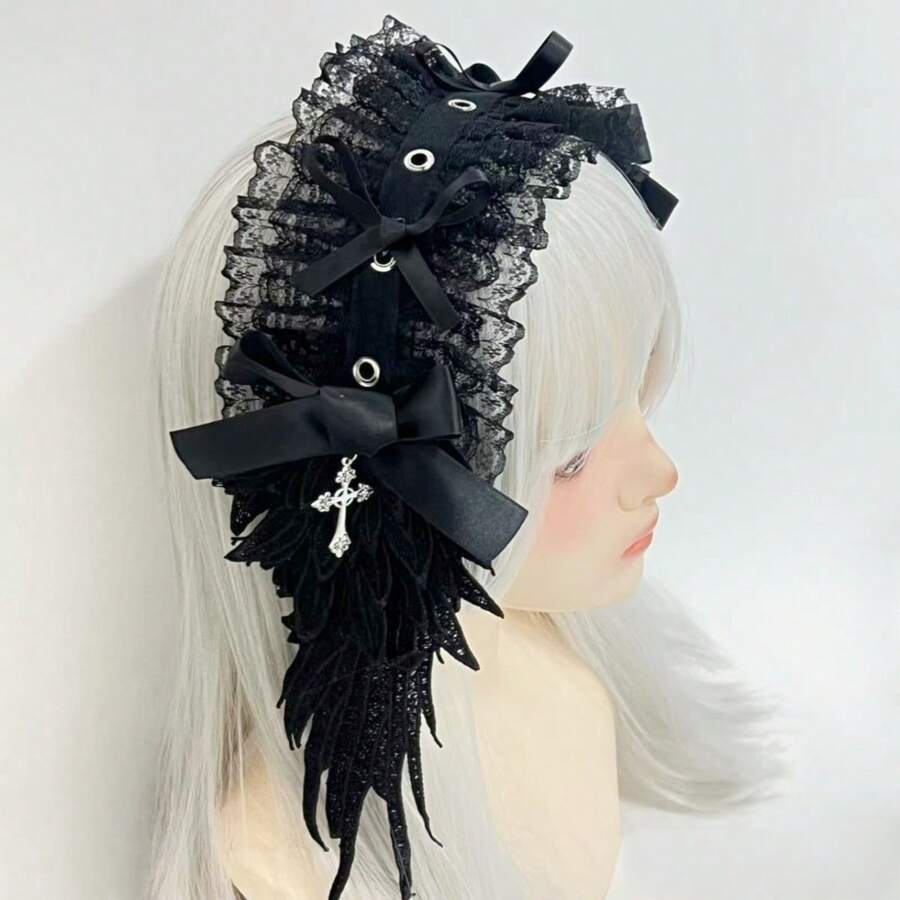 女士原宿蒸汽朋克Y2K蕾丝翅膀头饰蝴蝶结发箍洛丽塔哥特暗黑天使十字架头饰和发饰 - 彩色 - 查看 1
