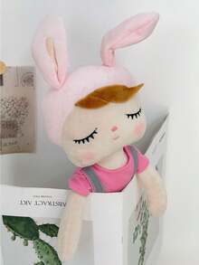 1pc 45cm/17.72in Cute Pink Rabbit Ear Plush Doll With Rainbow Embroidered Gray Strap, Soft Stuffed Sleep Companion Suitable For Girls, Cartoon Rabbit Ear Plush Doll, Ideal Birthday Gift And Bedroom Decor For Children And Toddlers - Multicolor - View 7
