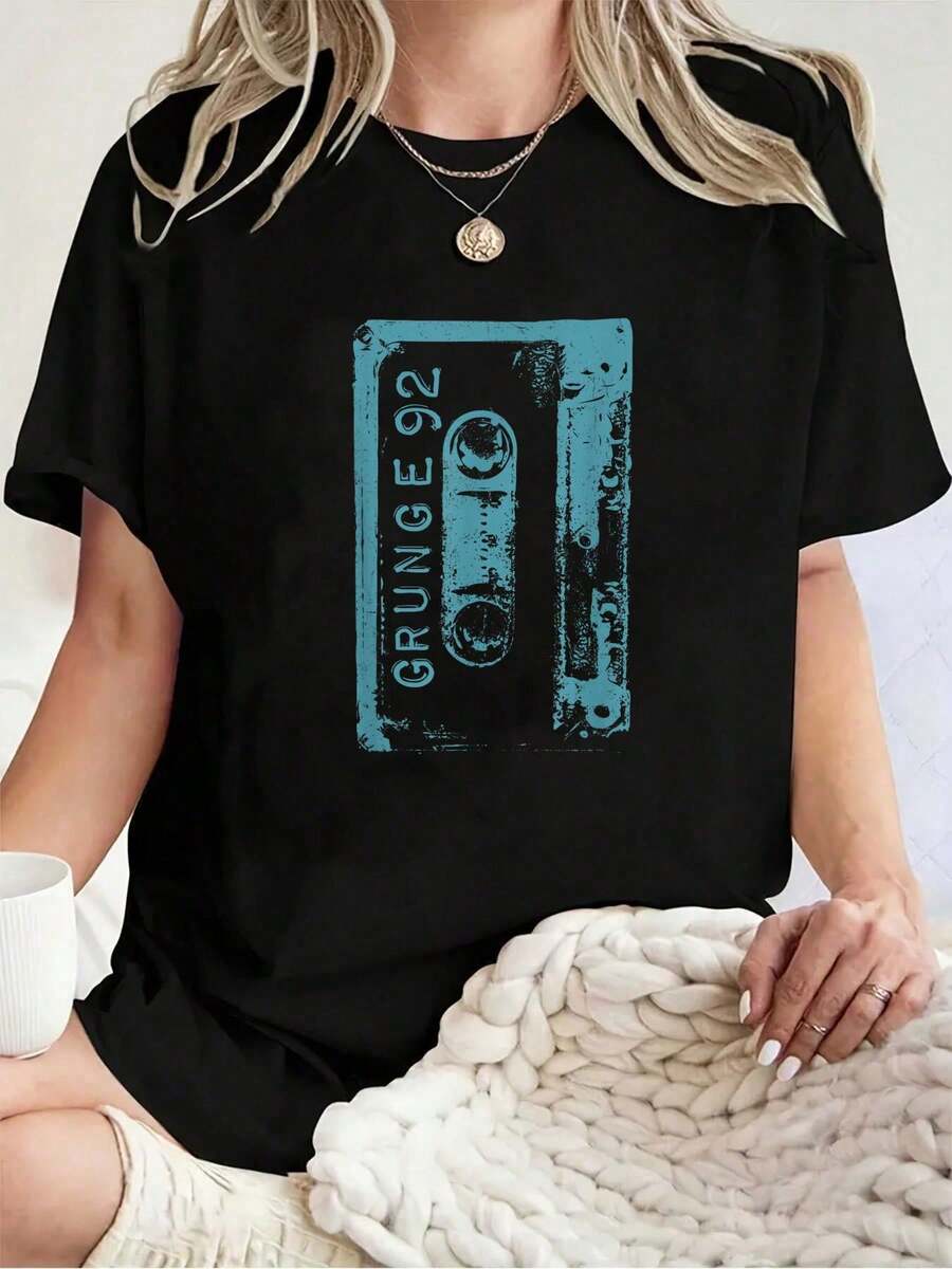 Camiseta Retro Unisex 100% Algodón Estilo Grunge de los 90, Camisetas con Gráficos Vintage, Ropa Casual para Hombres y Mujeres, Ropa de Verano - Negro - Ver 1