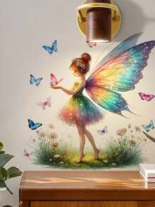 1pc Dreamy Rainbow Butterfly Fairy & Pink Heart Girl Wall Sticker, Glossy PVC Material, Suitable For Home Living Room Wall, Self-Adhesive Removable, Creates Romantic Atmosphere Decor Sticker - Multiple Styles - View 4