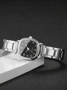 4pcs/Set Women's Square Dial Elegant Quartz Wrist Watch + Bracelet, No Watch Box Included - Silver - View 8