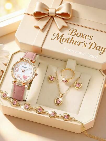 6/5 Pieces. A Fashionable And Elegant Cute Round Dial With Crystal Decorations. This Quartz Watch Is Suitable For Teen Girls. It Comes With A Set Of Crystal Jewelry Including A Necklace, Bracelet, Earrings, Ring. It Is Suitable For Wearing At Parties, Parties, And School To Check The Time. It Is Also An Excellent Gift Choice For Mothers/Friends On Mother's Day, Back-To-School Season, Easter, And Wedding Season.
