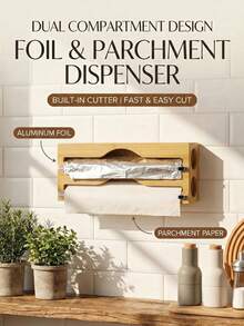 1 piece: Cling film cutter, wall-mounted bamboo and wood kitchen storage rack, foil box and paper towel holder, two-way sliding blade multi-layer organizer, 2-layer and 3-layer options, with hanging rod. - مشاهدة 12